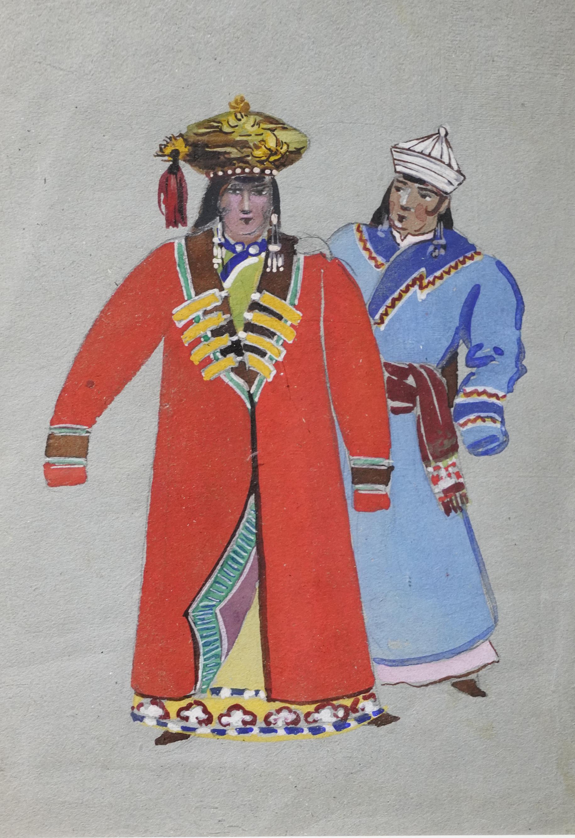 Sketch of two Uighur costumes. Sketch of costumes for the performance of the Uighur Theatre. 1943–1944.